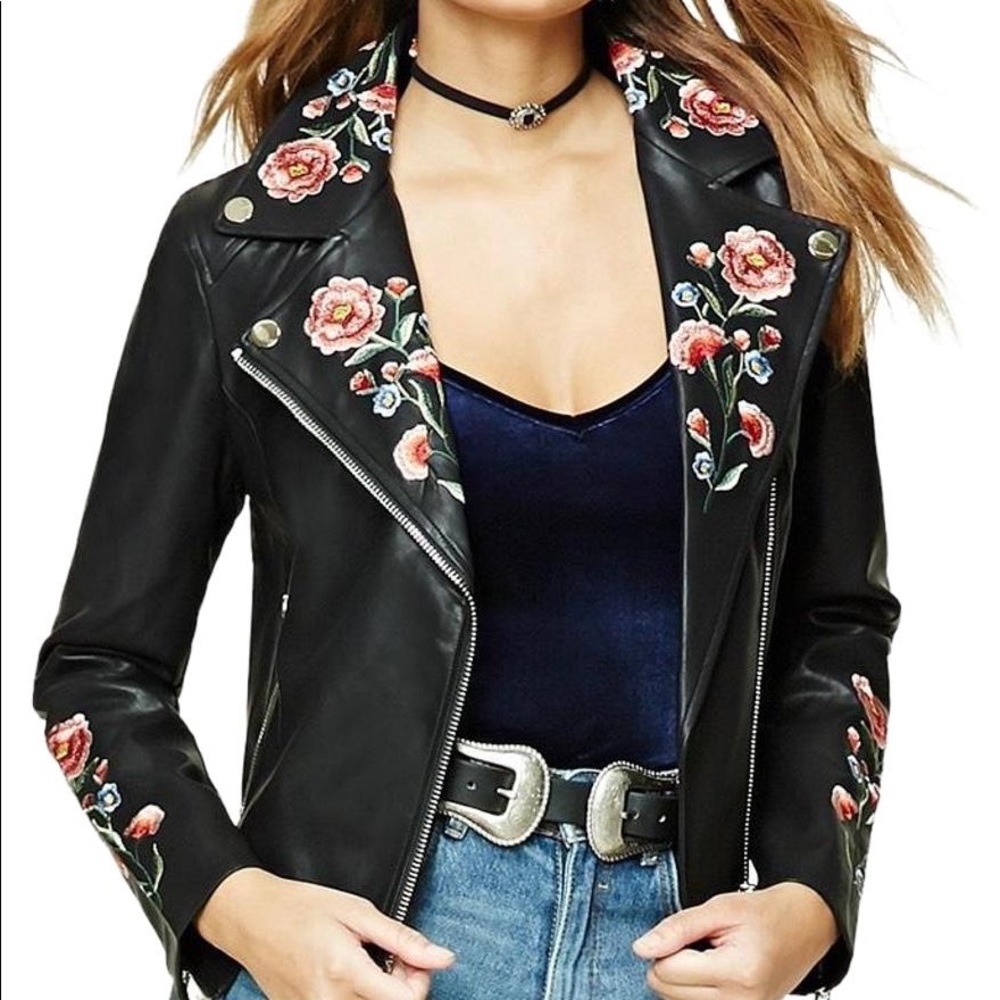F21 Floral Embroidered Black Faux Leather Jacket M